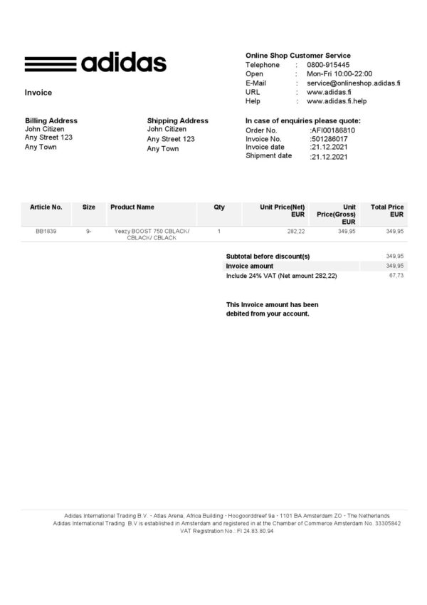 USA Adidas invoice template in Word and PDF format