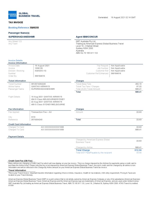 USA American Express invoice template in Word and PDF format