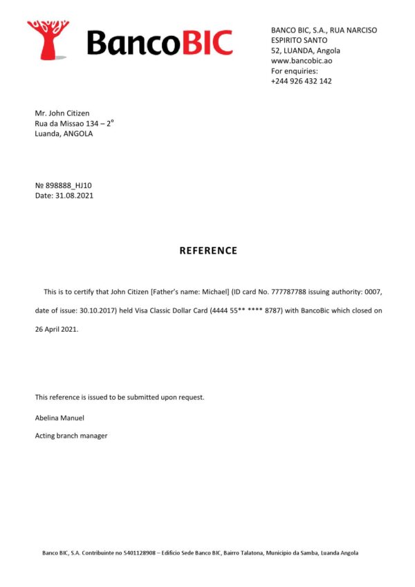 Angola Banco BIC bank account closure reference letter template in Word and PDF format