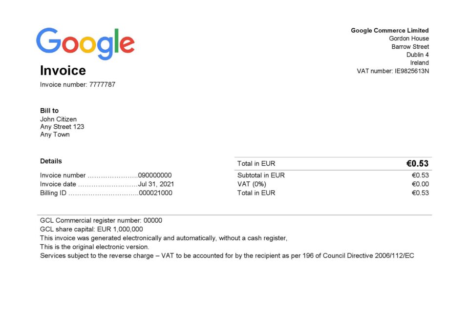 USA Google invoice template in Word and PDF format