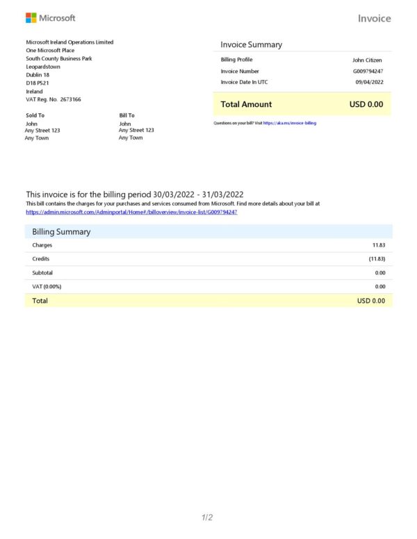 Ireland Microsoft Ireland Operations Limited invoice Word and PDF template