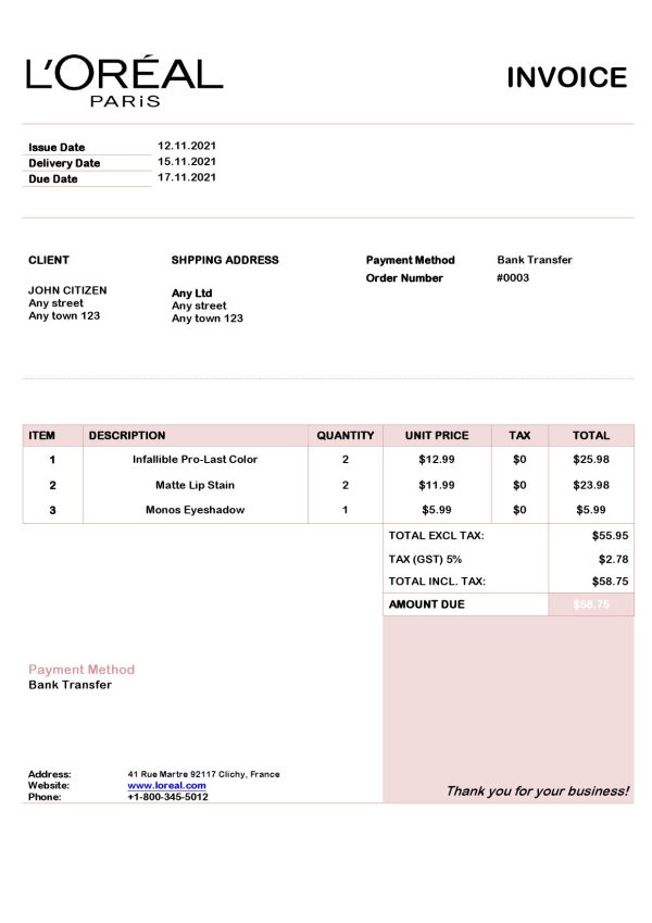 USA L’oreal Paris invoice template in Word and PDF format