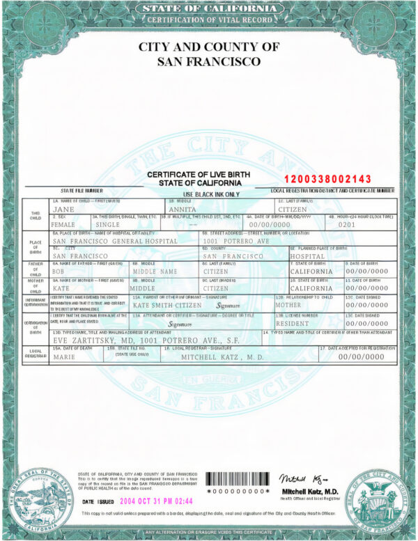 USA California state birth certificate template in PSD format, fully editable
