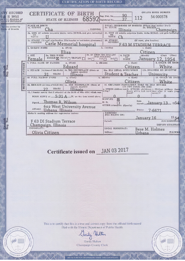 USA Illinois state birth certificate template in PSD format, fully editable